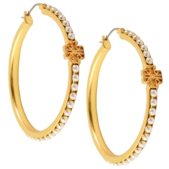 TORY BURCH • Britten Gold Logo Pearl Large Hoop Earrings - Picture 1 of 10